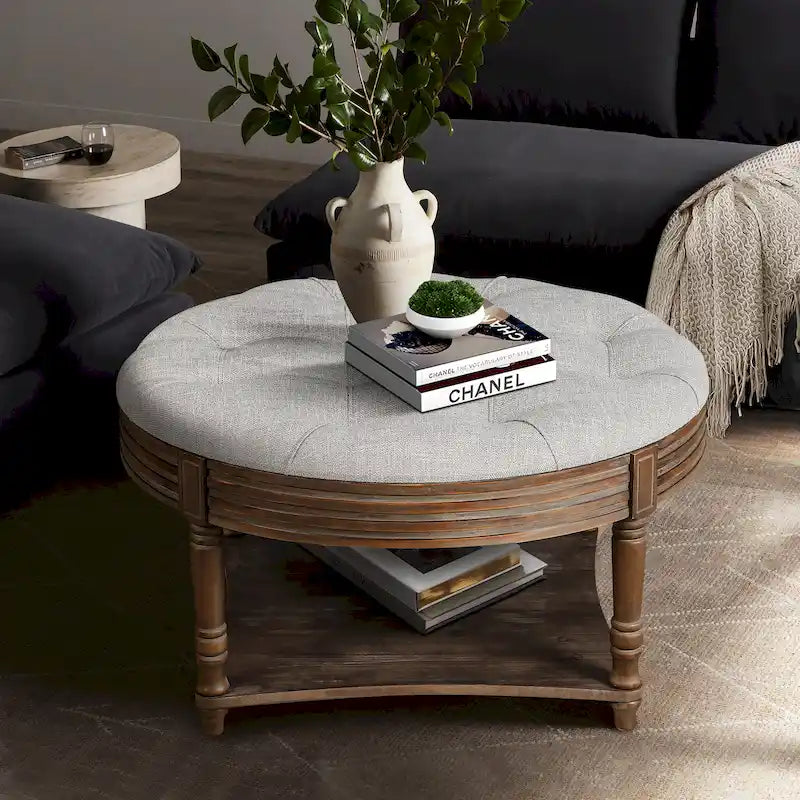 Grande tavolino da caffè rotondo impermeabile con poggiapiedi imbottito a 2 livelli e tavolino da caffè imbottito in legno