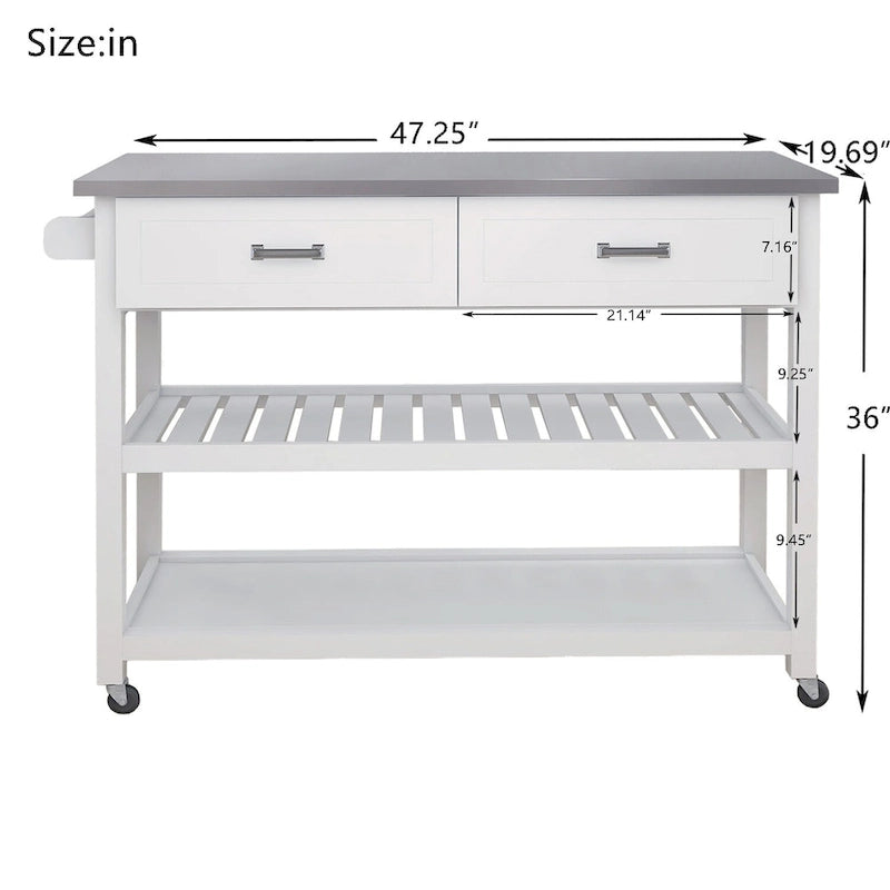 Carrello da cucina bianco con piano in acciaio inox e due cassetti (sgabello non incluso)