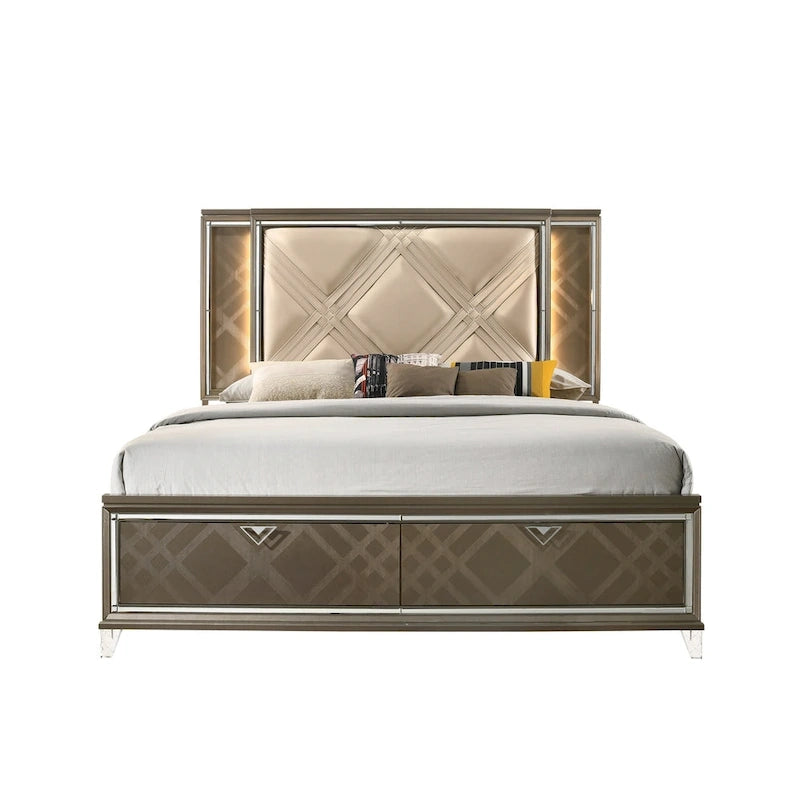 Letto matrimoniale moderno in legno con testiera in similpelle color champagne e illuminazione a LED