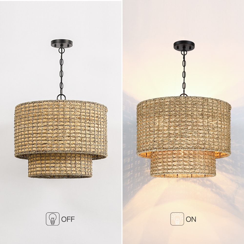 Lampada a sospensione tradizionale a tamburo in rattan naturale a 4 luci con baldacchino nero - Nero/terroso - 20 pollici di larghezza