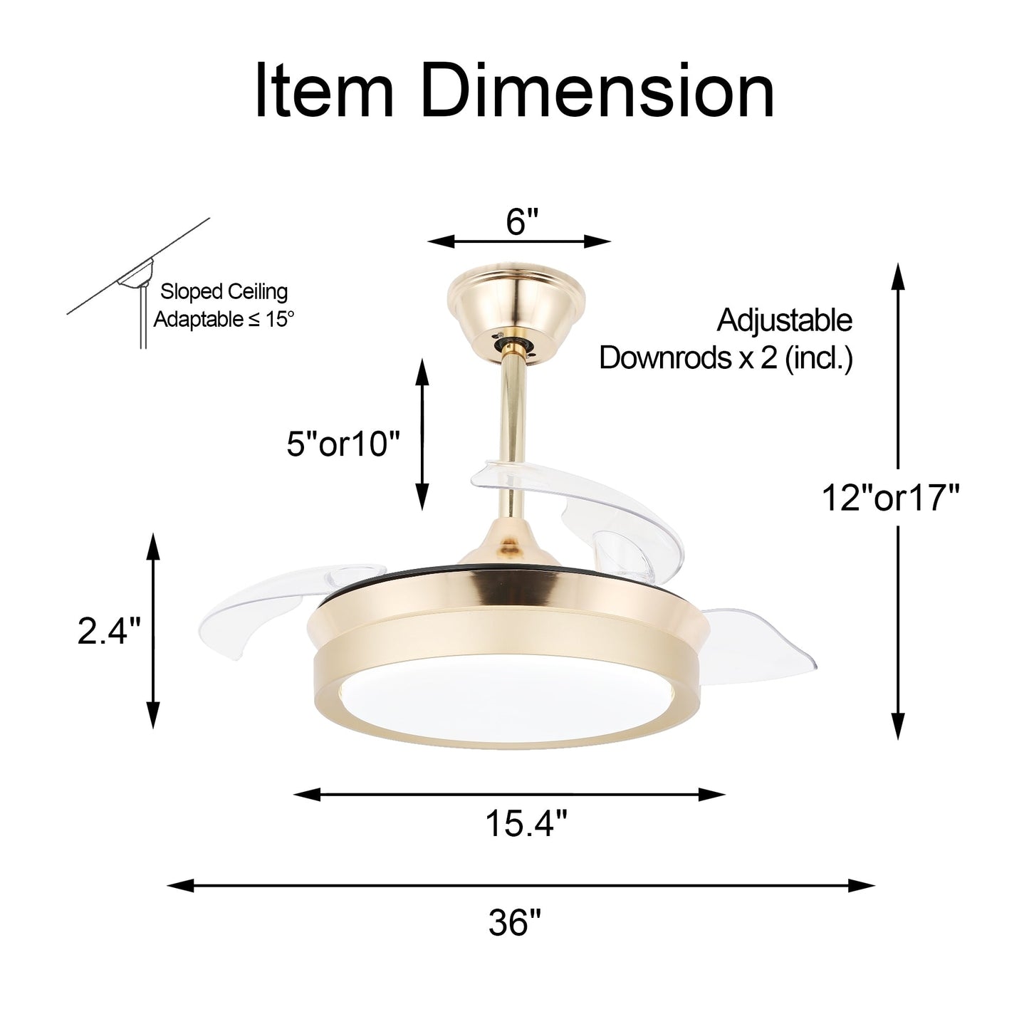 Ventilatore da soffitto retrattile moderno Bella Depot 36 con luce LED, pale reversibili a 6 velocità con telecomando