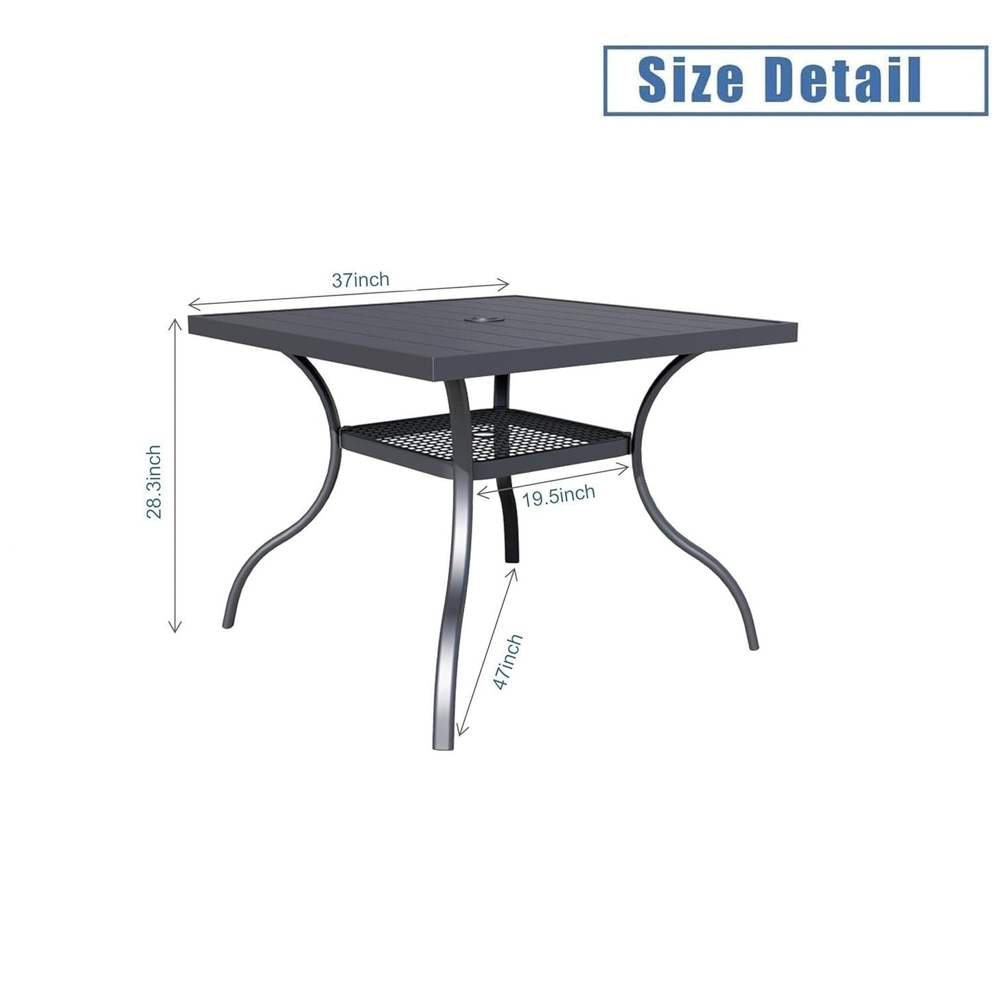 Tavolo da pranzo rettangolare in metallo con doghe per patio esterno 60 x 37 con foro per ombrellone per 6 persone