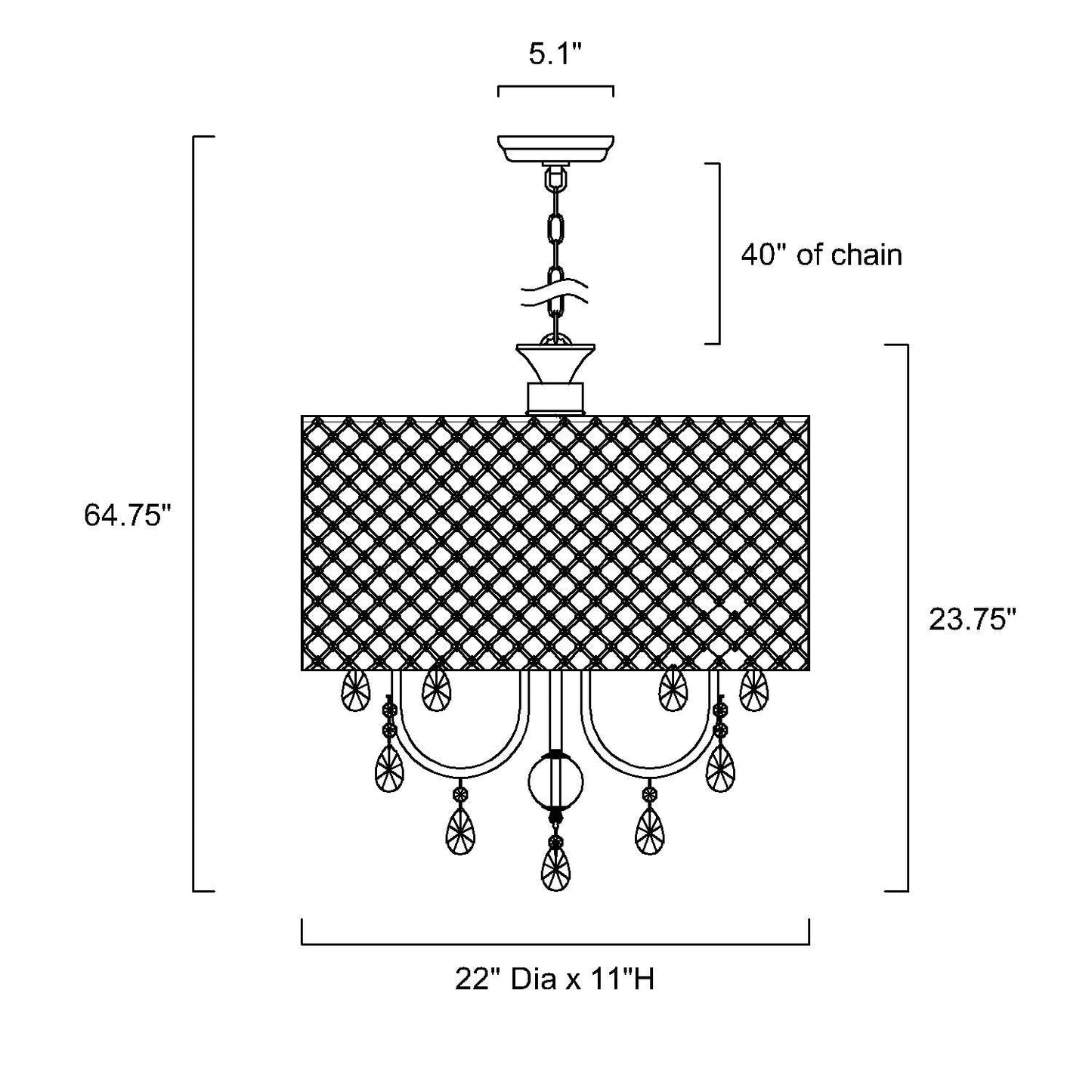 Lampadario a tamburo con perline rotonde e cristalli pendenti