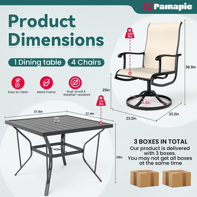 Set da pranzo per esterni in metallo da 5 pezzi con tavolo quadrato e sedie girevoli in textilene