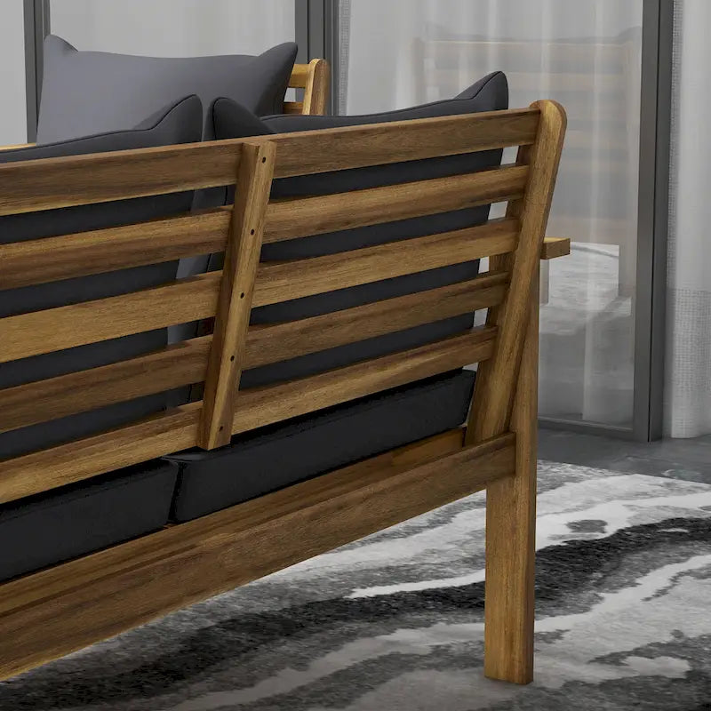 Outsunny Set di mobili da giardino 4 pezzi, mobili da esterno in legno di acacia con cuscini, tavolo, divano per veranda e prato, legno naturale