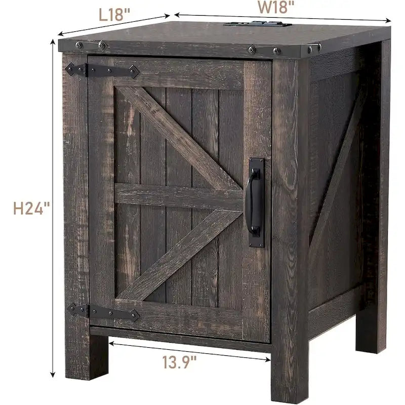 Comodino in legno rustico con stazione di ricarica, tavolino laterale, tavolino laterale