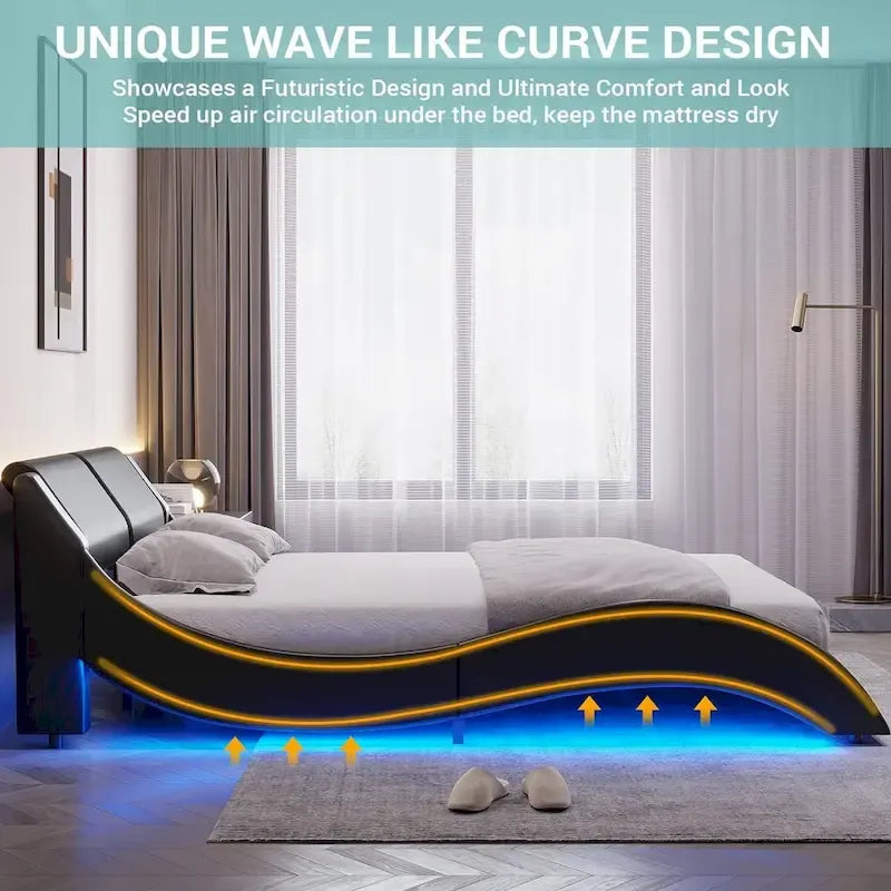 Letto matrimoniale moderno imbottito con struttura a piattaforma e luci a LED