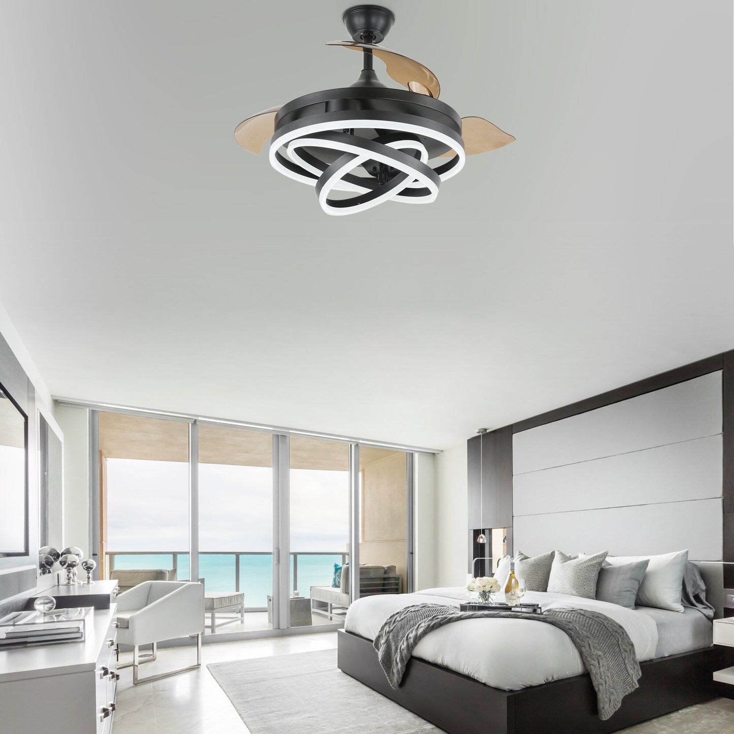 Ventilatore da soffitto retrattile Cusp Barn 42 con luci e telecomando, fai da te, forma Fandelier, moderno, silenzioso, luce da soffitto a LED con motore DC