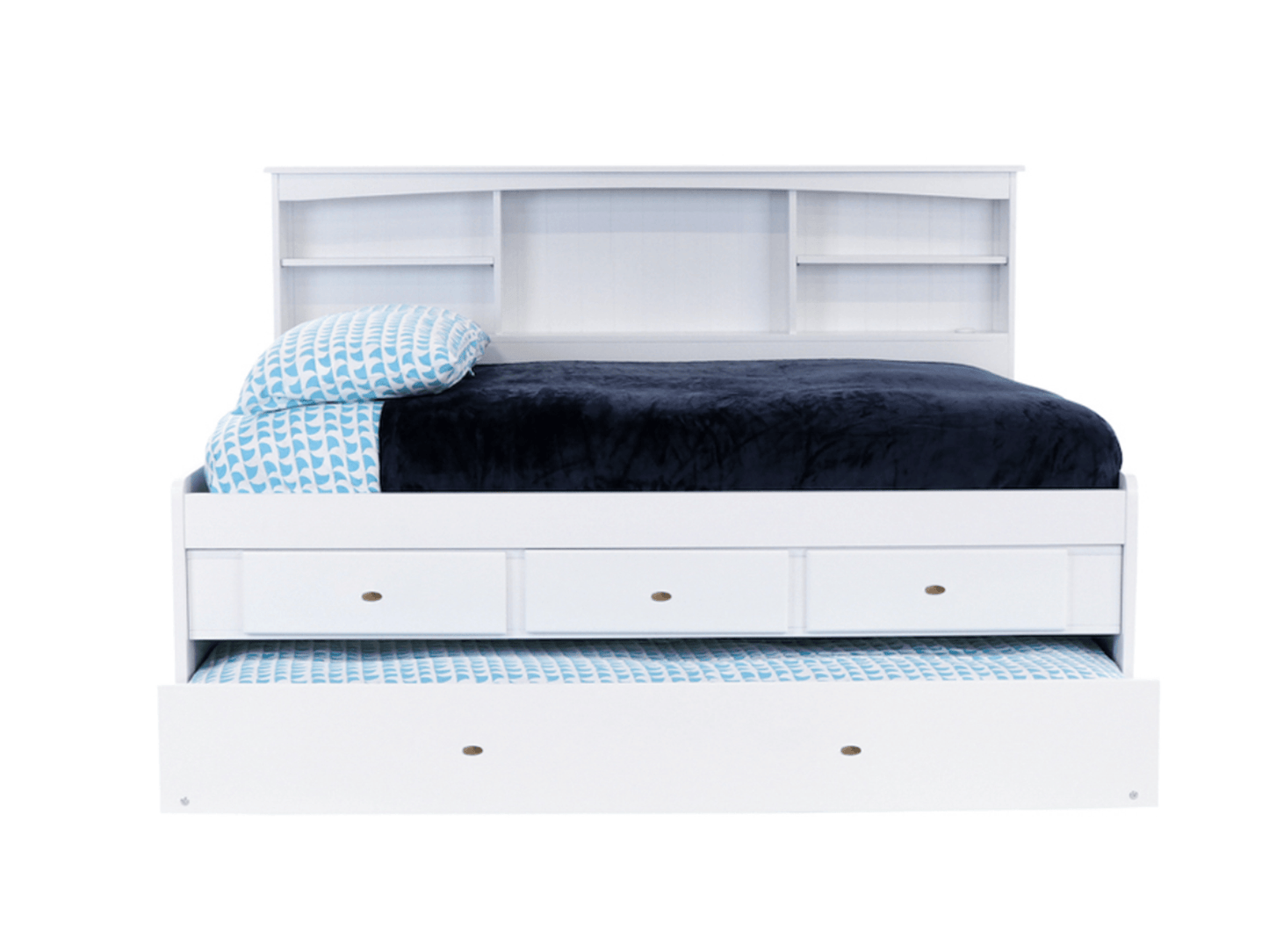 Divano letto con libreria bianca completa