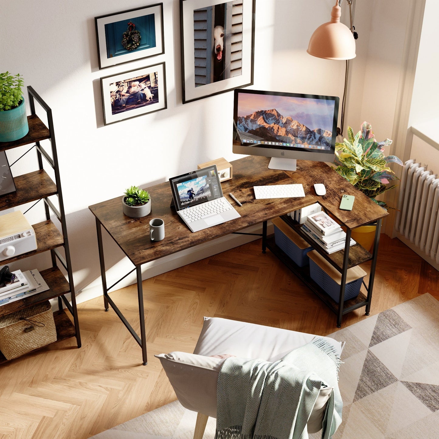 Piccola scrivania a L con ripiani portaoggetti, scrivania angolare per computer