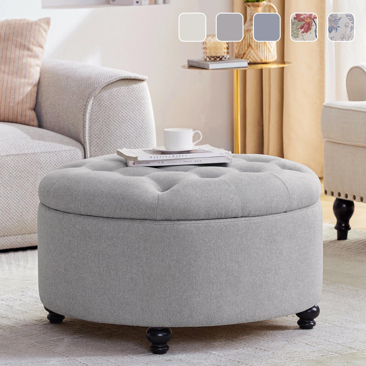 Pouf contenitore rotondo grande trapuntato con poggiapiedi beige/grigio/blu