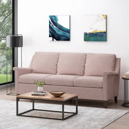 Divano moderno a 3 posti rosa chiaro 76,5 con gambe in betulla e seduta in peluche