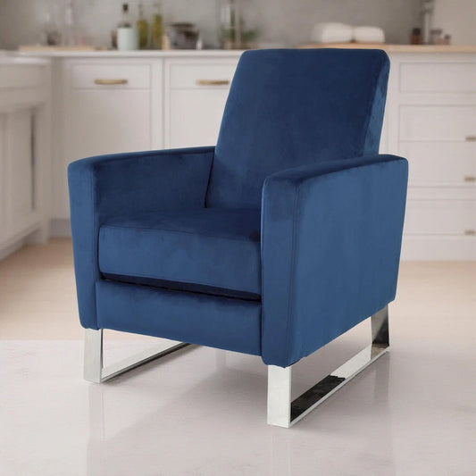 Reki Recliner Chair, Manual Push Back, Stainless Steel, Blue Velvet