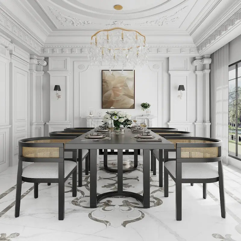 Set da pranzo Lythor da 7 pezzi con sedute imbottite, intreccio in canna di rattan, legno di caucciù di Christopher Knight Home