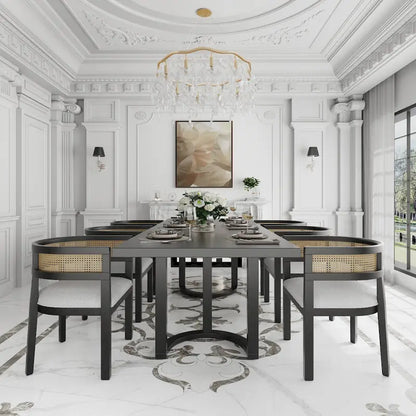 Set da pranzo Lythor da 7 pezzi con sedute imbottite, intreccio in canna di rattan, legno di caucciù di Christopher Knight Home