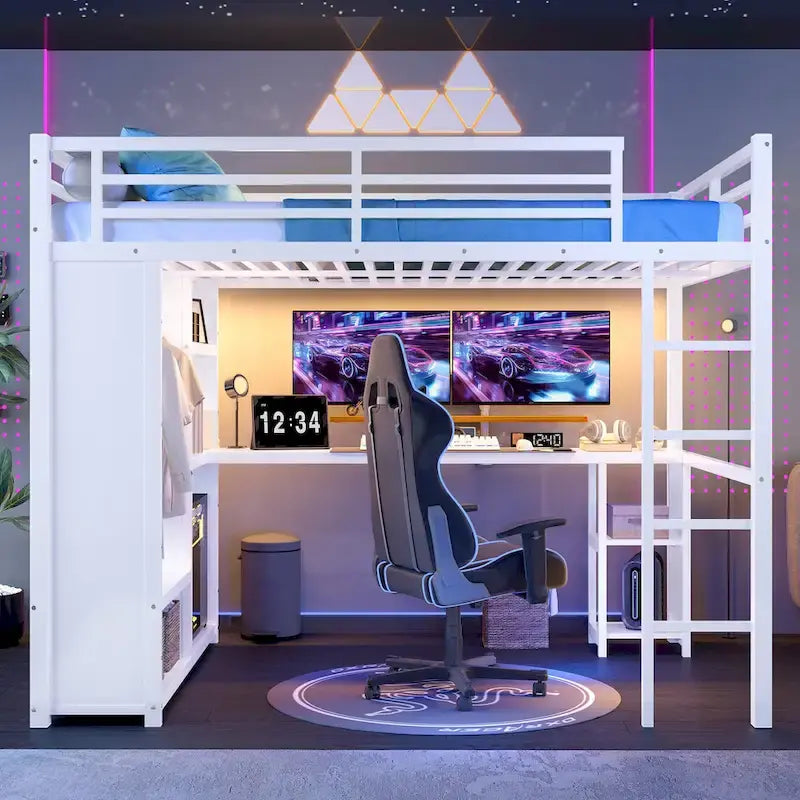 Letto a soppalco matrimoniale - Armadio e scrivania incorporati, struttura in metallo con ripiani