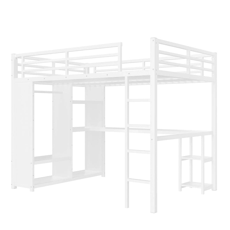 Letto a soppalco matrimoniale - Armadio e scrivania incorporati, struttura in metallo con ripiani