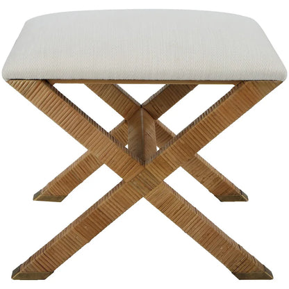 Upholstered Rattan X Shaped Base Small Bench - 19   - White and Brown