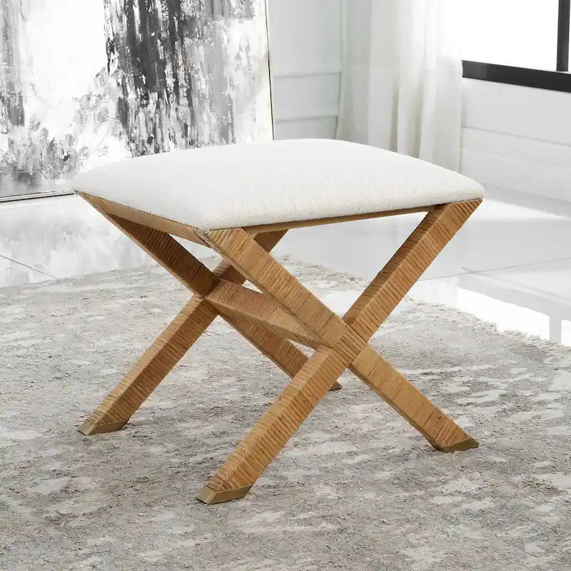Panca piccola imbottita in rattan con base a X - 19 - Bianco e marrone