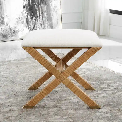 Panca piccola imbottita in rattan con base a X - 19 - Bianco e marrone