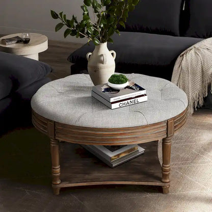 Large Round WaterProof Ottoman Coffee Table 2 Tier Oversized Button Tufted Ottoman with Wooden Upholstered Coffee Table