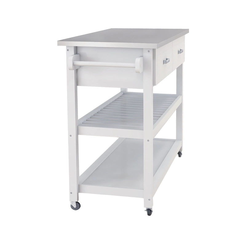 Carrello da cucina bianco con piano in acciaio inox e due cassetti (sgabello non incluso)