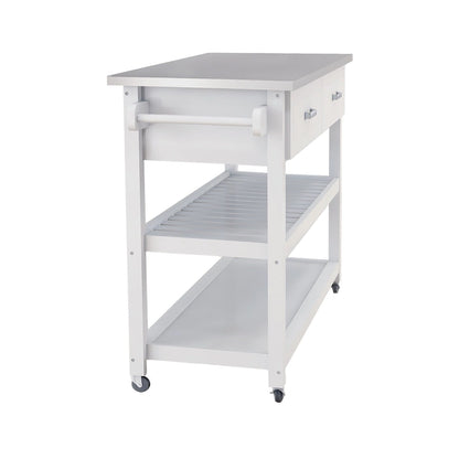Carrello da cucina bianco con piano in acciaio inox e due cassetti (sgabello non incluso)