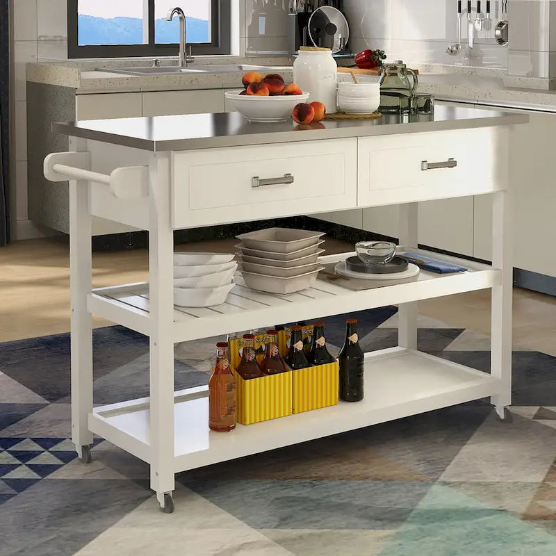 Carrello da cucina bianco con piano in acciaio inox e due cassetti (sgabello non incluso)