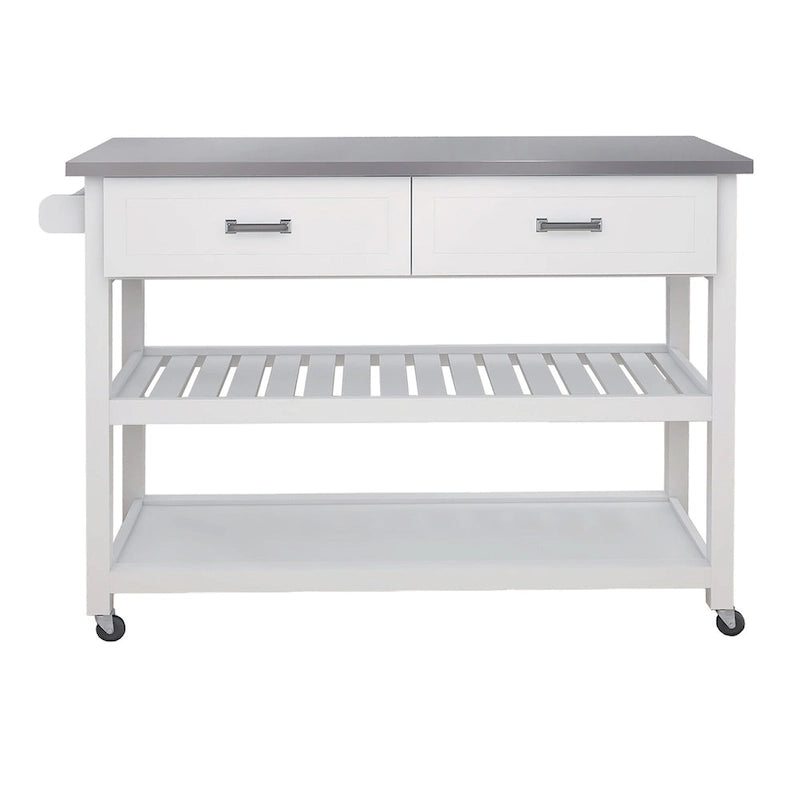 Carrello da cucina bianco con piano in acciaio inox e due cassetti (sgabello non incluso)