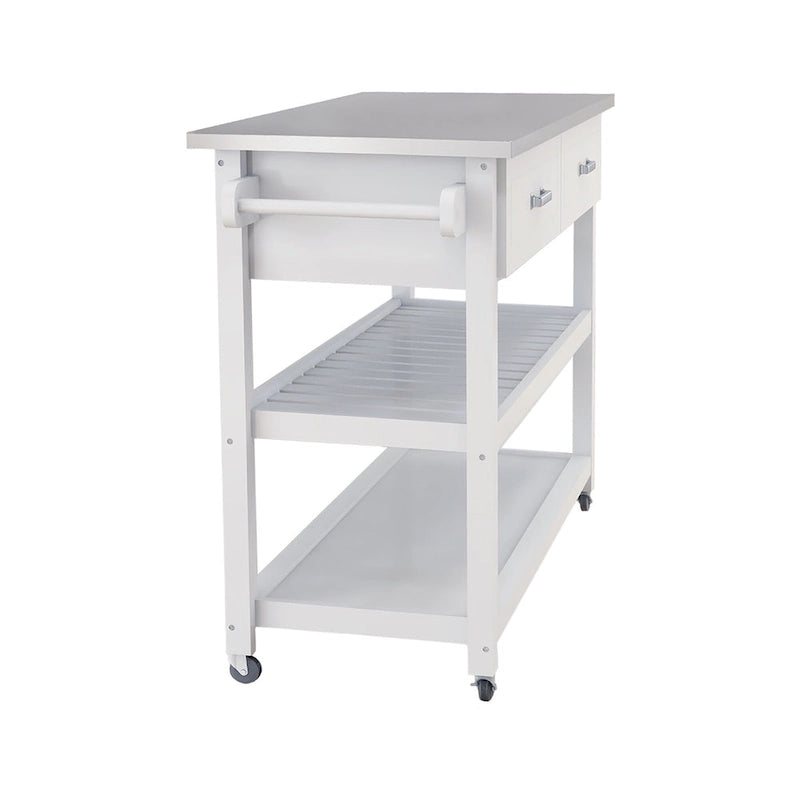 Carrello da cucina bianco con piano in acciaio inox e due cassetti (sgabello non incluso)