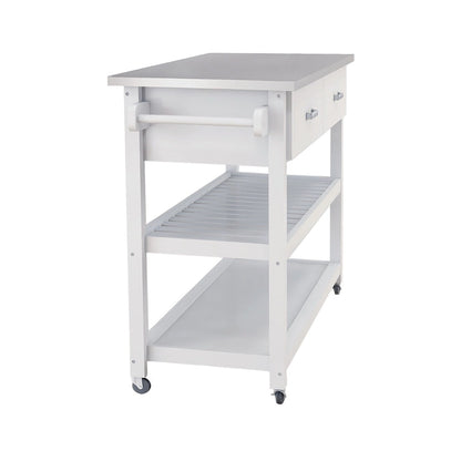 Carrello da cucina bianco con piano in acciaio inox e due cassetti (sgabello non incluso)