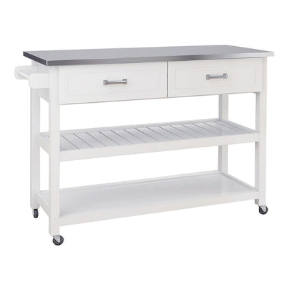 Carrello da cucina bianco con piano in acciaio inox e due cassetti (sgabello non incluso)