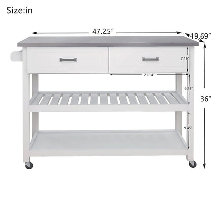 Carrello da cucina bianco con piano in acciaio inox e due cassetti (sgabello non incluso)