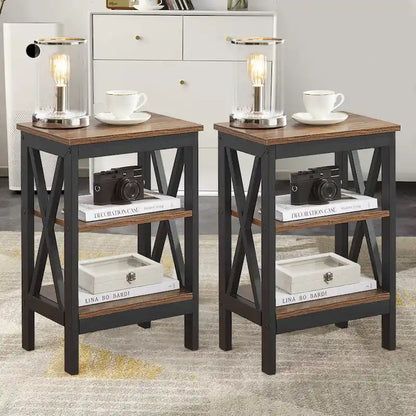 Modern Side Tables with 3-tier Storage Shelves, X-Shaped Nightstand Set (Set of 2)