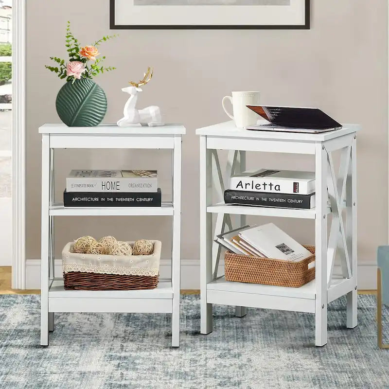 Tavolini moderni con ripiani portaoggetti a 3 livelli, set comodini a X (set da 2)