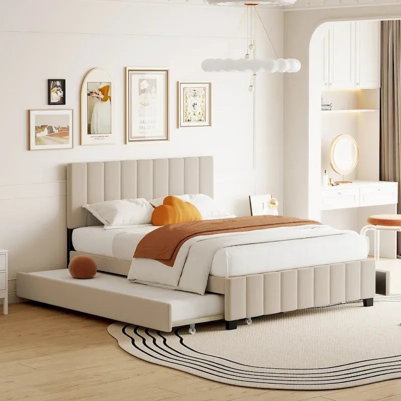 Letto matrimoniale in velluto con 2 cassetti e letto estraibile singolo XL