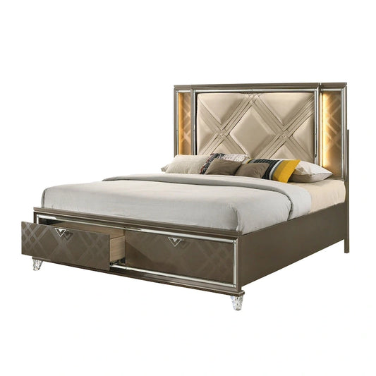 Full Size Modern Wood Bed with Champagne Leatherette Headboard and LED Lighting