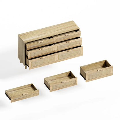 Cassettiera doppia in rattan a 6 cassetti con maniglia in metallo, mobiletto porta abiti per camera da letto