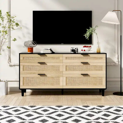 Cassettiera doppia in rattan a 6 cassetti con maniglia in metallo, mobiletto porta abiti per camera da letto