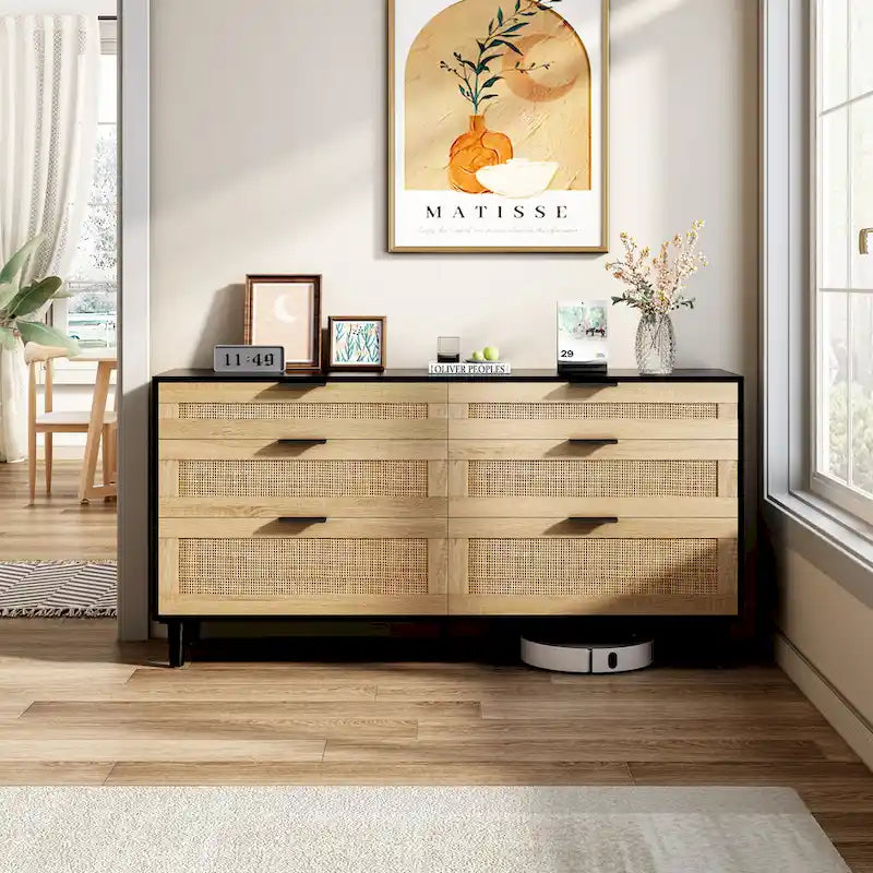 Cassettiera doppia in rattan a 6 cassetti con maniglia in metallo, mobiletto porta abiti per camera da letto