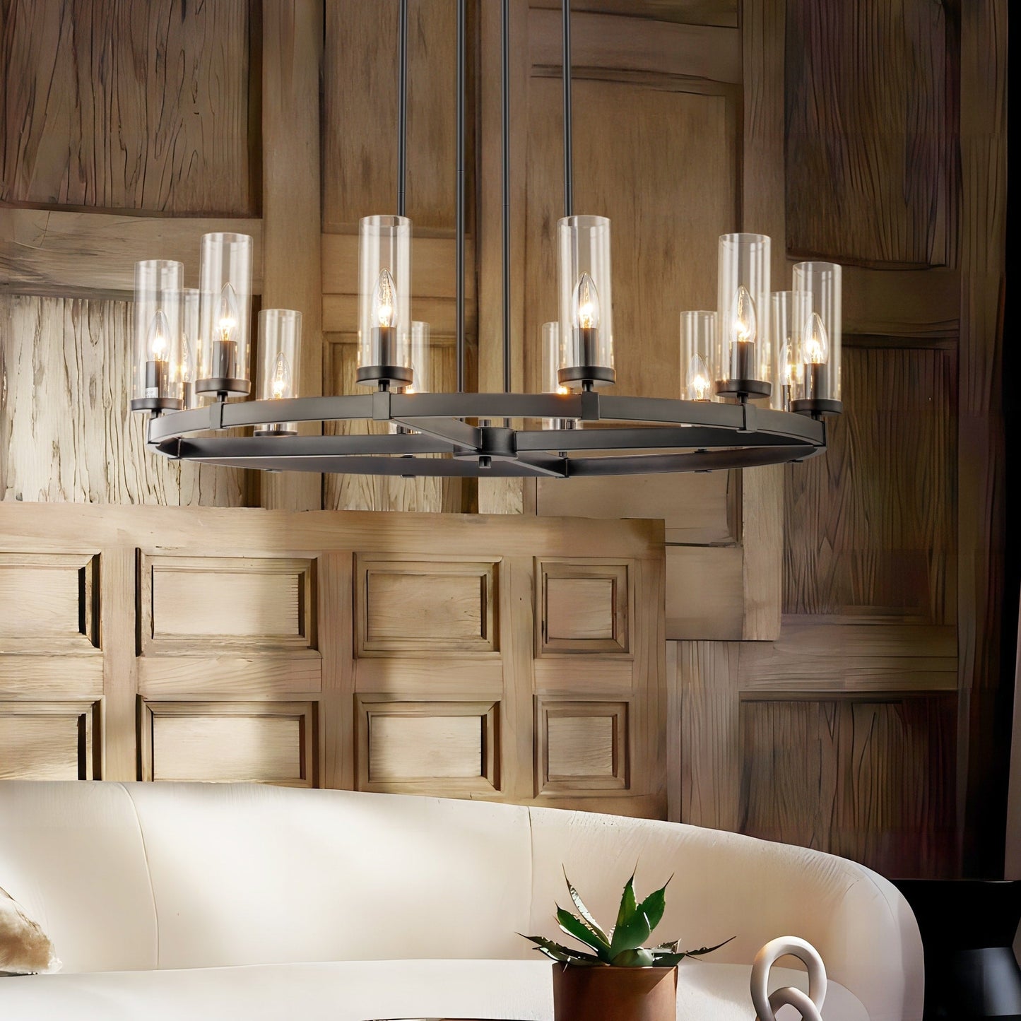 Lampadario a ruota di carro in vetro trasparente con cilindro in stile Mid-Century Modern, 12 luci, grande lampadario in oro/nero