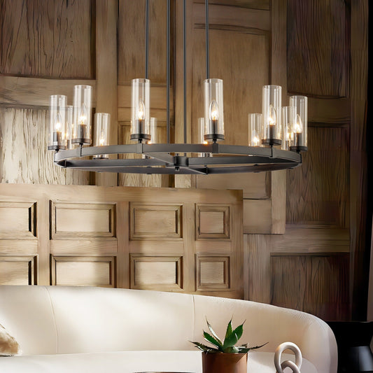 Lampadario a ruota di carro in vetro trasparente con cilindro in stile Mid-Century Modern, 12 luci, grande lampadario in oro/nero