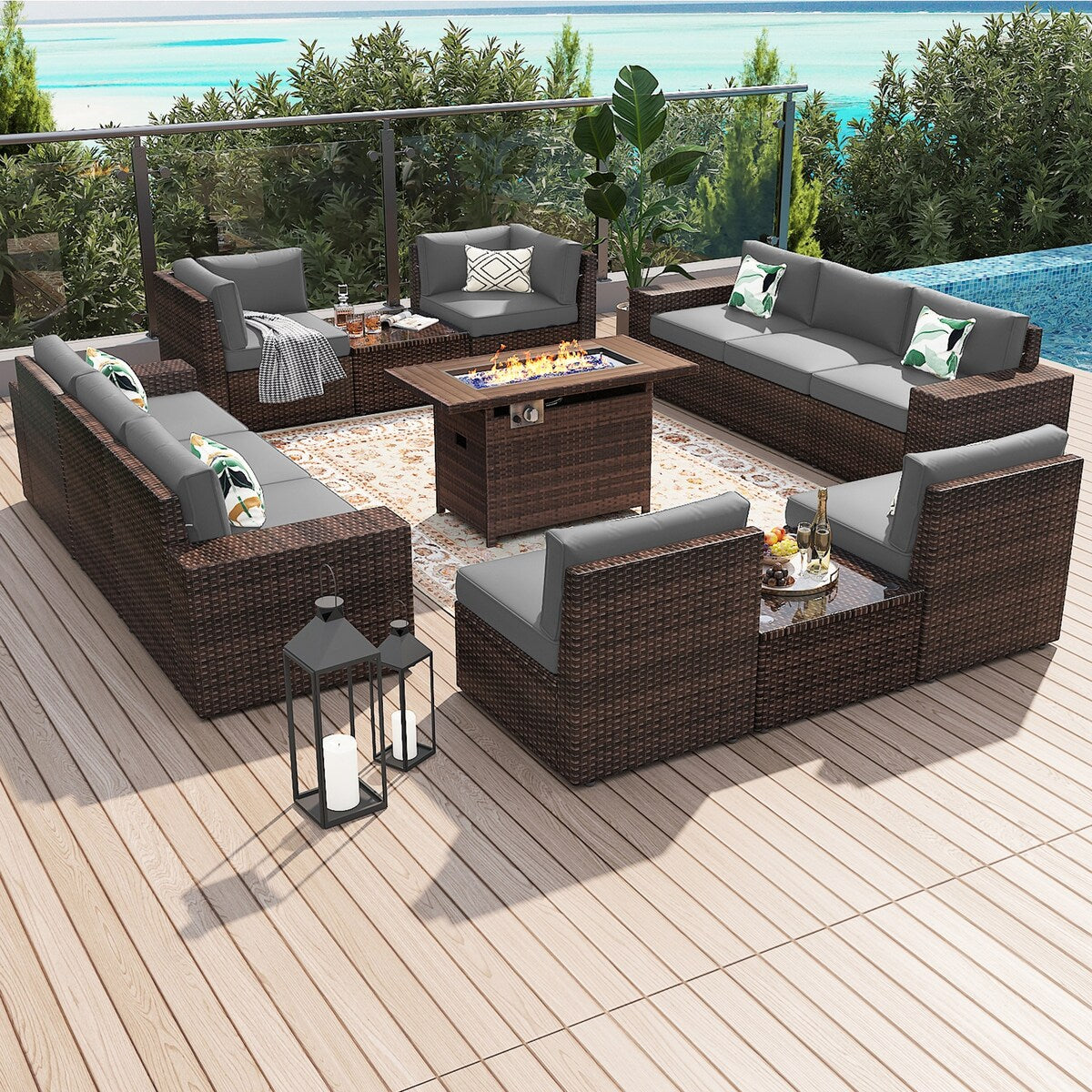 Set di mobili da giardino da 13 pezzi con tavolo da fuoco da 44 pollici