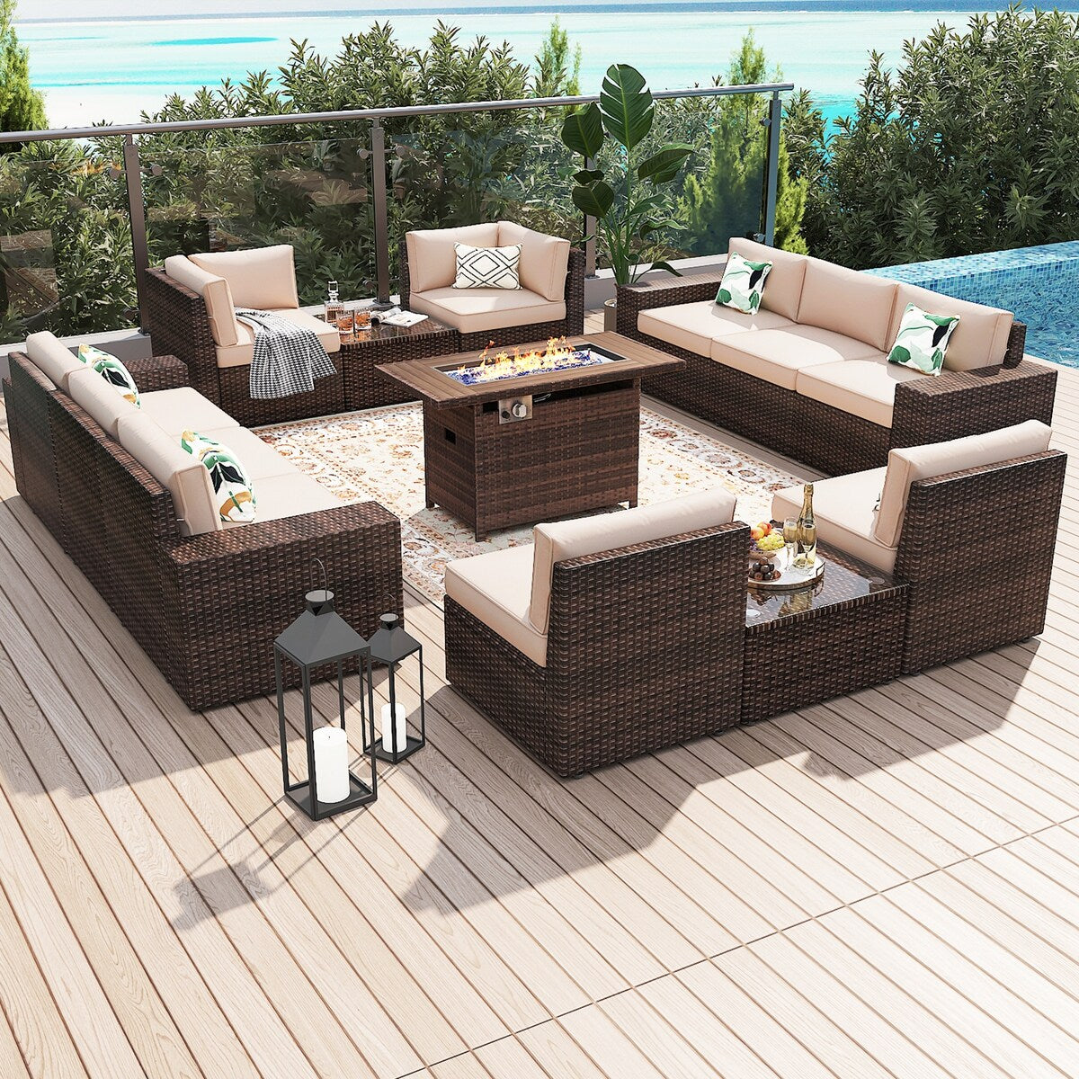 Set di mobili da giardino da 13 pezzi con tavolo da fuoco da 44 pollici