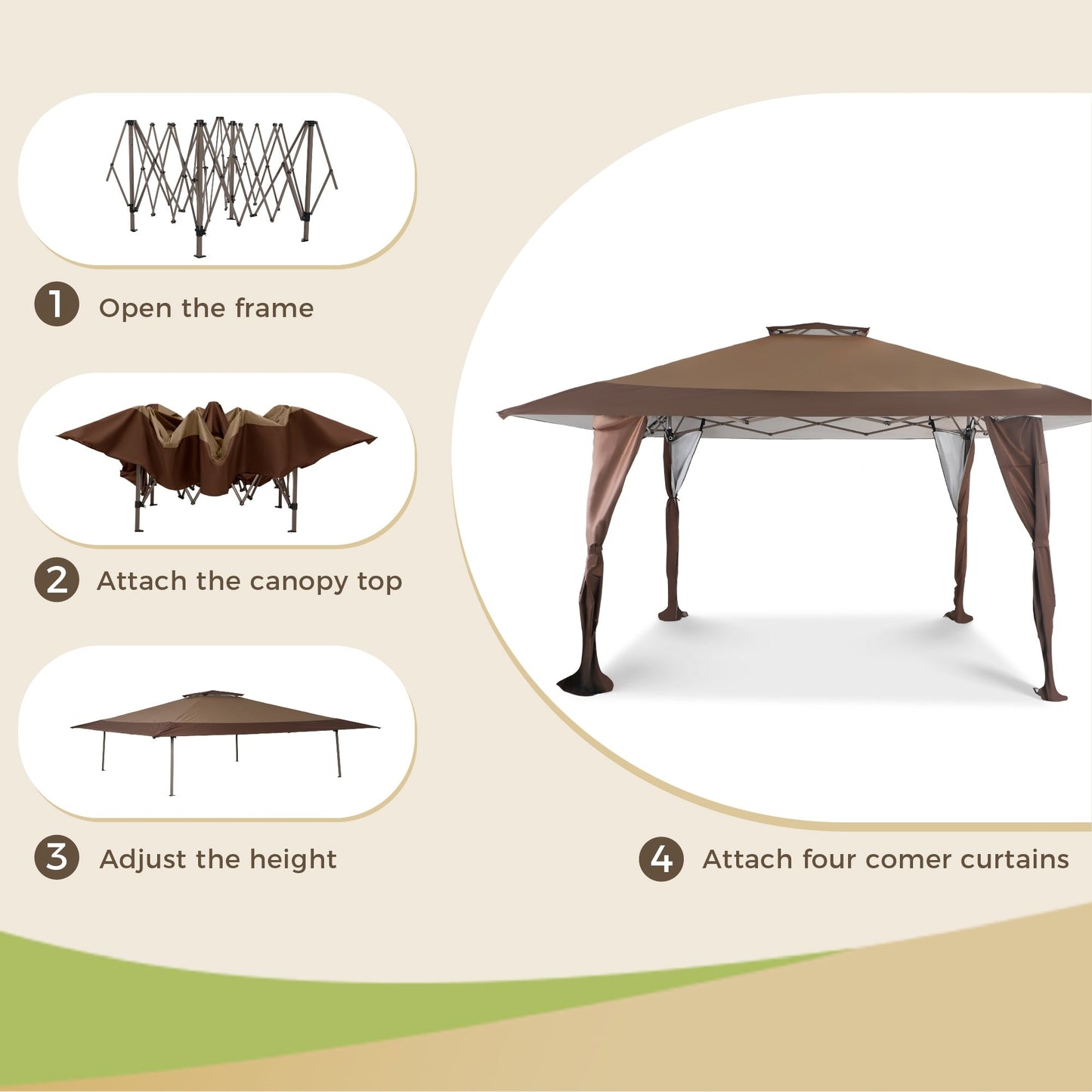 Gazebo da giardino rinforzato con baldacchino pop-up da esterno 13' x 13' con elegante tenda angolare - 13x13 piedi