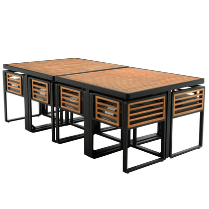 Set da pranzo da giardino in legno di acacia da 18 pezzi, 8 sedie imbottite, 8 pouf e 2 tavoli quadrati