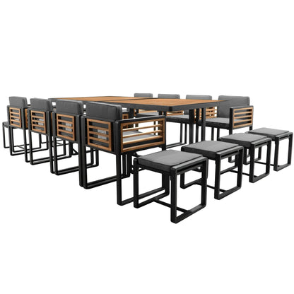 Set da pranzo da giardino in legno di acacia da 18 pezzi, 8 sedie imbottite, 8 pouf e 2 tavoli quadrati