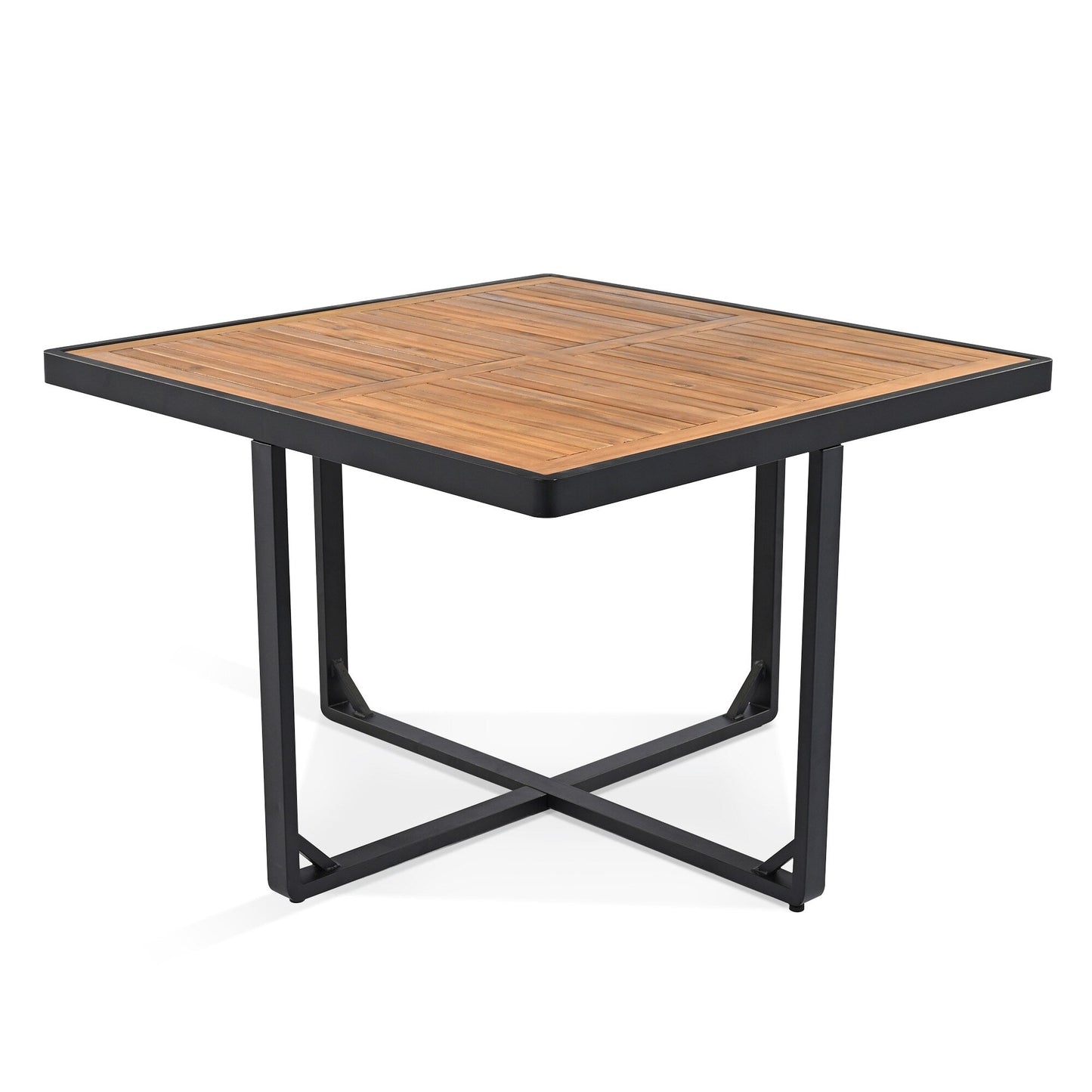 Set da pranzo da giardino in legno di acacia da 18 pezzi, 8 sedie imbottite, 8 pouf e 2 tavoli quadrati