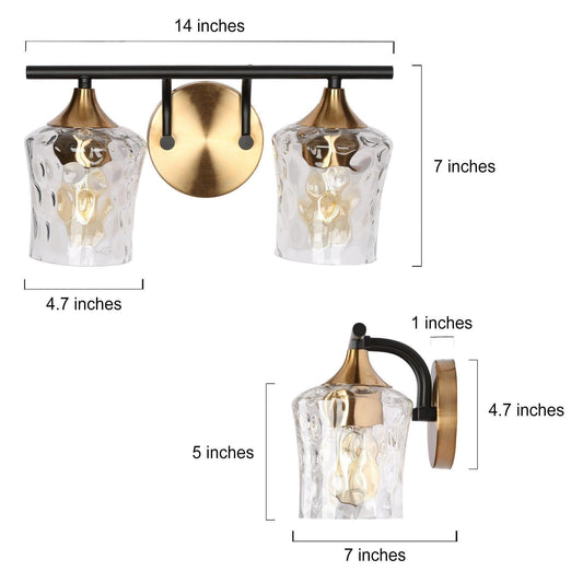 Applique da parete moderna per mobiletto da bagno in oro e nero a 2/3/4 luci con vetro martellato