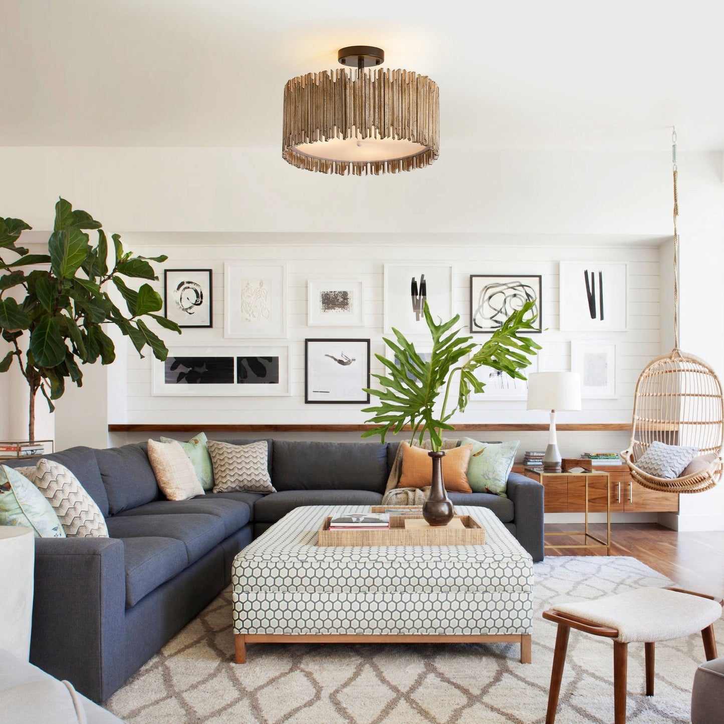 Lampada da soffitto semi-incassata a 3 luci in legno bianco anticato